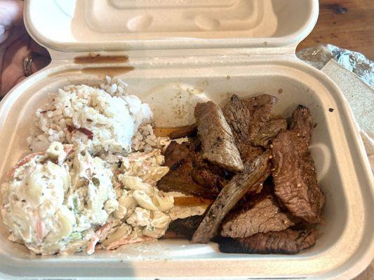 Small teriyaki steak with rice and mac