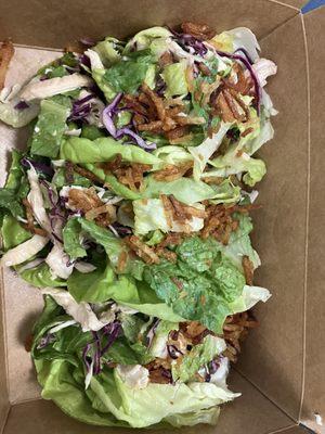 Yummy!! Lettuce Wrap (Chinese Chicken Salad)  w/ butter lettuce wraps, cabbage slaw, jidori chicken, crisps, and peanut dressing