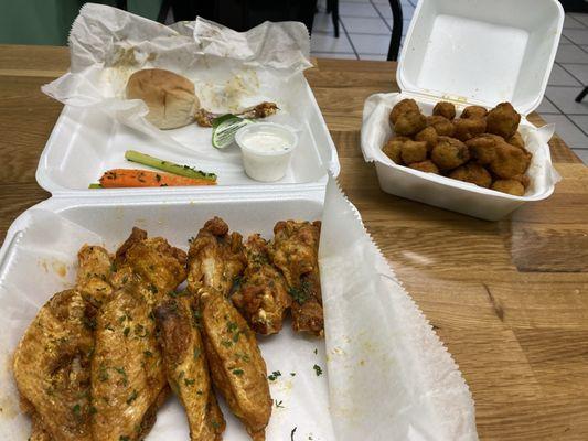 Seasoned wings, because I just can't handle the spicy stuff, and crispy fried okra. Absolutely perfect!