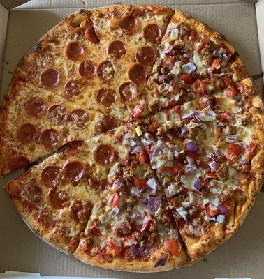 Tuesday special 20" extra large, half pepperoni and half sausage, onions and peppers