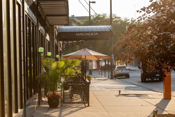 Outdoor seating at restaurant.