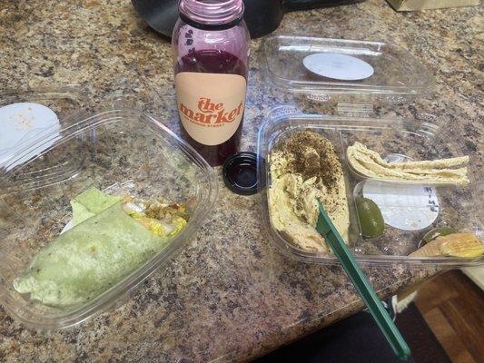 The Rafiki Wrap, the Bears Beets Battlestar Galactic Juice, and the Za'atar Hummus Olives Artichokes and Pita snack pack.