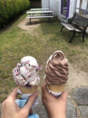 Blueberry pie & soft serve swirl in two cake cones