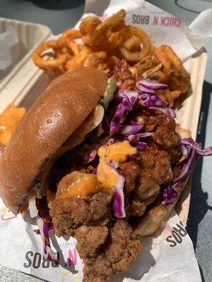 Nashville hot chicken sandwich level 1 spice with curly fries