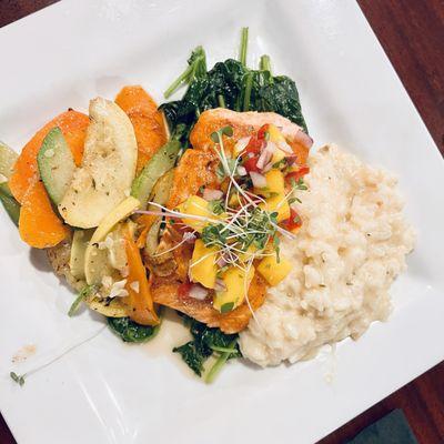 Maple glazed seared salmon with Parmesan risotto and seasonal vegetable.