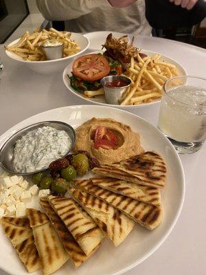 Hummus plate, burger, truffle fries