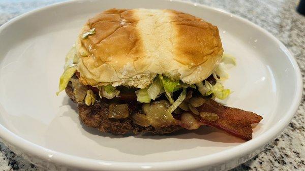 Grandpa's Earl's Elk Burger (Monterey Jack cheese, grilled onions, bacon)