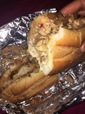 Chicken cheesesteak w/mushrooms, hot peppers, fried onions extra cheese & mayo