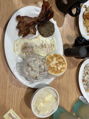 Sausage, bacon, eggs, biscuit, and grits. Yum!