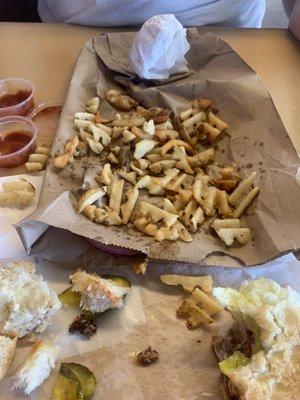 All small bits of waffle fries. We only received two intact waffle fries. Do not recommend this place.