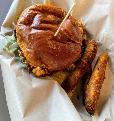 Crispy chicken sandwich with pickle fries