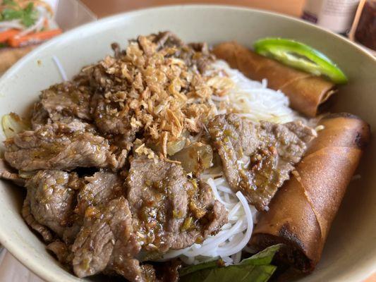 Beef Rice Vermicelli with egg rolls and stir fried beef