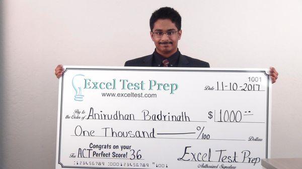 Big congratulations to Anirudhan Badrinath for scoring 36 on his ACT. Check out http://www.exceltest.com/page/excel-perfect-scorers