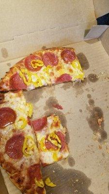 Thin crust with pepperoni and banana peppers