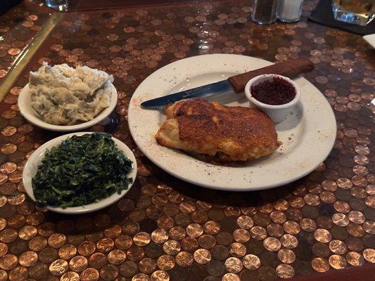 Stuffed Glazed Chicken Breast with Craisin Chutney (Right Side) Garlic Mashed Potato (Top Left) Creamed Spinach (Bottom Left)