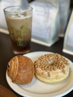 Cold foam iced coffee honey lavender, chocolate croissant, salted caramel donut