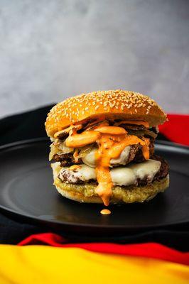 The Fun Guy Burger: Garlic Confit, Mushrooms, Caramelized Onions, Nosh Sauce.