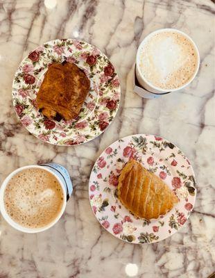 Chocolate croissant, cafe au lait, apple turnover, Irish cream latte