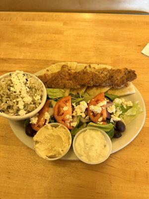 Souvlaki kabob platter with a side of hummus.