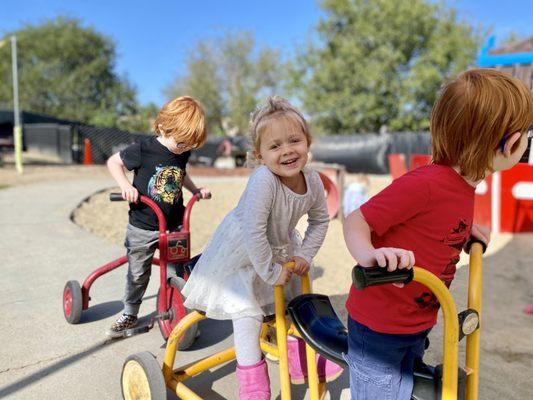 Having fun with friends on our outdoor bike track!