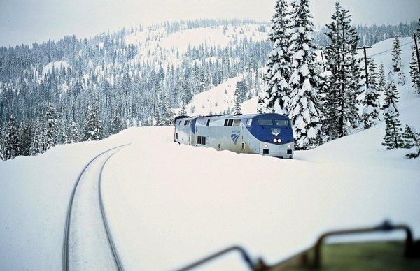 Amtrak trn. # 6 the "California Zephyr eastbound meeting trn. # 5 "California Zephyr westbound at Cisco on Donner Summit in California(2016)