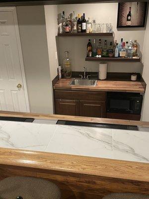 European butcher block counter top at wet bar