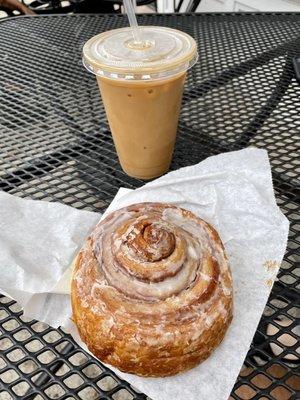 Delicious big cinnabun and a dirty chai latte