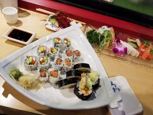 California,  spicy tuna and soft shell crab rolls  Pictured behind it, white tuna, tuna and 2 different crab sashimi (real crab was bad)