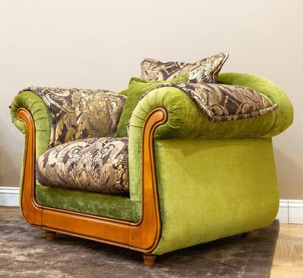 Green arm chair reupholstery in velvet with two-tone