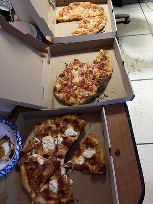 Bottom: pepperoni ricotta Middle: sweat tomato pie Top: traditional cheese