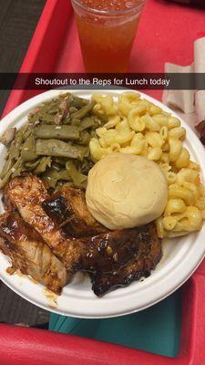 Grilled BBQ Chicken, Green Beans, Mac and Cheese with a dinner Roll and Sweet Tea