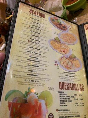 Seafood and quesadillas menu