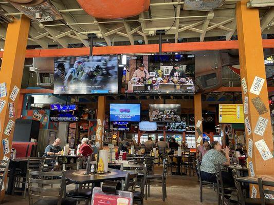 View from back wall across restaurant through bar area.