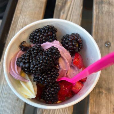 Blackberry and pineapple sorbet with blackberries and strawberries