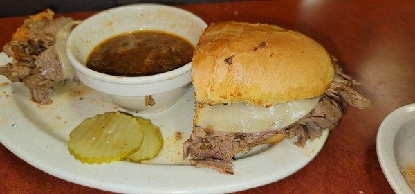 The last half of the French Beef Dip. There was so much beef left in the sauce he made a slider out of it with half of my garlic bread.