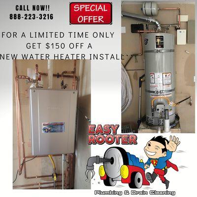 New water heater install coupon for $150 off. Call today at 888-223-3216