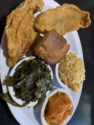 Fried Catfish Dinner with greens Macaroni & Cheese and Yams