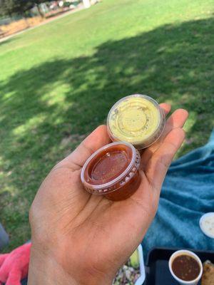 Salsas! Red for Birria, green for tacos! They are very yummy. Red is hot be careful