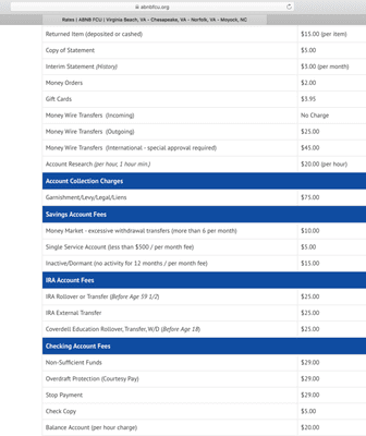 Publicized fees...
 https://www.abnbfcu.org/rates.html