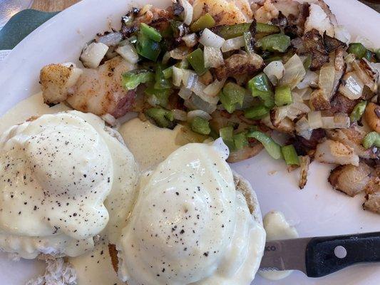 Crab benedict, well done home fries with peppers and onions.  Really good!!