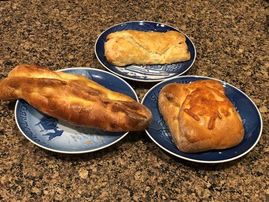 Smoked Salmon Pate Piroshky (left); Beef, Potato and Cheese Piroshky (right); Curry Chicken, Mushroom and Rice Piroshky (top)