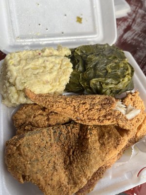 Fried Fish Platter with collard greens and potato salad