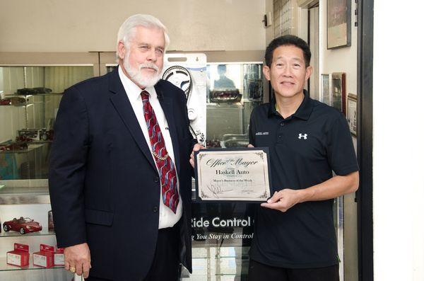 Haskell Auto Service is honored to receive the Mayor's Business of the Week award from the Office of Jerry Weirs.