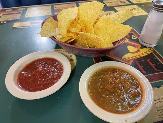 Regular salsa on left, spicy salsa (upon request) on right.