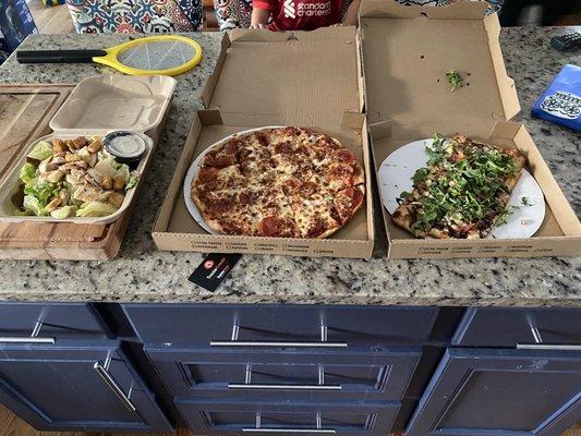 Caesar salad, medium sausage/pepperoni and prosciutto bleu flatbread