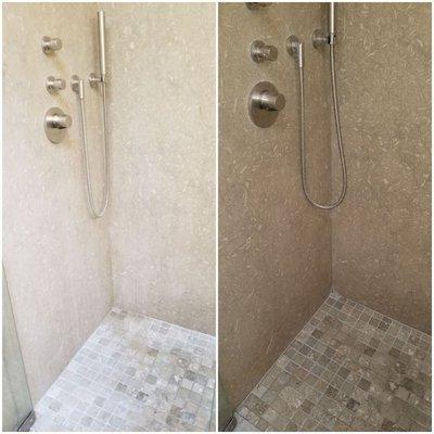 Limestone shower with hard water damage, before & after resurfacing and sealing.