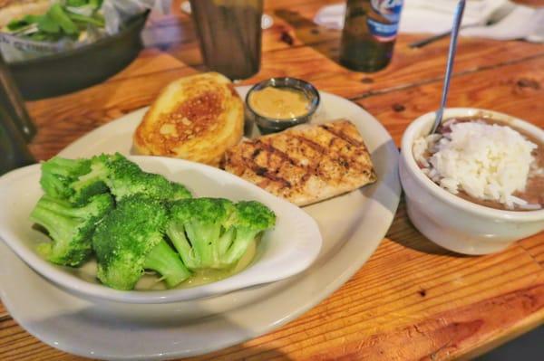 Blackened Mahi Mahi with broccoli and red beans and rice.