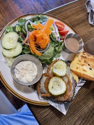 Smoked ribeye sandwich w/ horseradish sauce, house side salad with balsamic vinaigrette. You can't beat this combo.