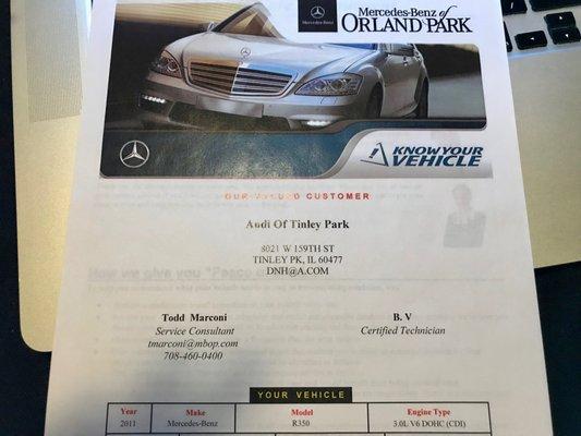 Cover page of inspection report hidden and misrepresented by Audi Orland Park, David Kuhne, and Jake Butler