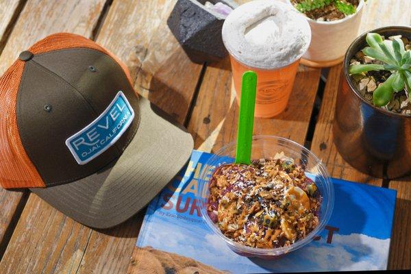 Acai bowl, kombucha float and trucker cap